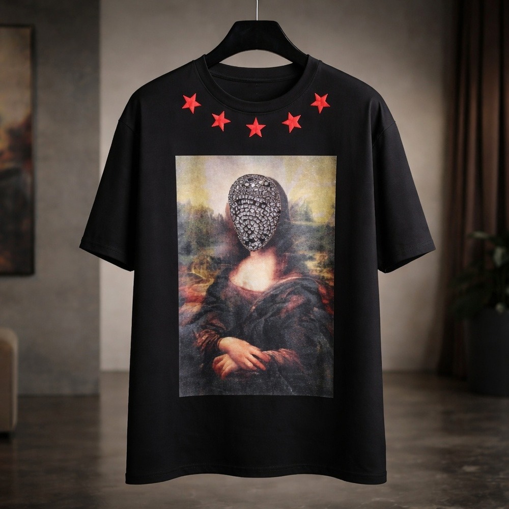 Hudson‎ Outerwear Mens 3X Black Mona Lisa Rhinestone Graphic T-Shirt Red Stars